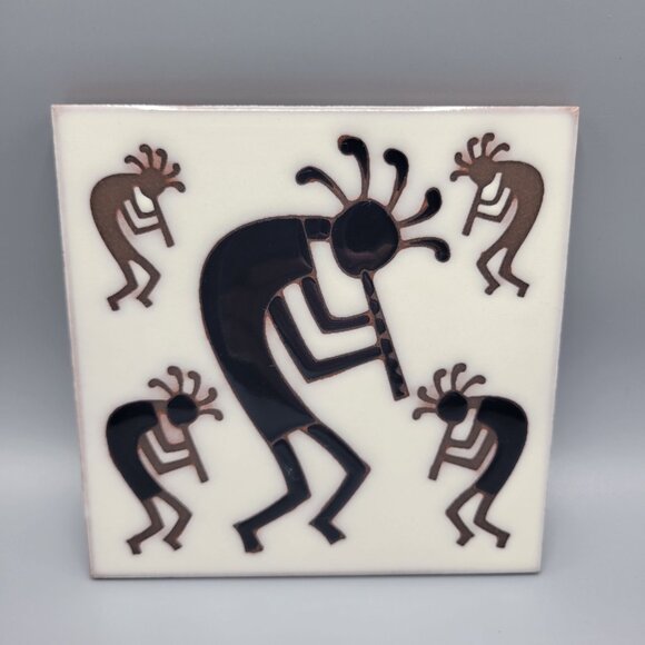 Vintage USA Kokopelli Ceramic Tile Trivet Wall Hanging Flute Dancers Handcrafted - Picture 1 of 7